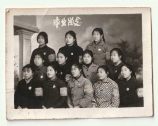 Cute Red Guards Girls " Graduation Picture " Studio Photo Painted Backdrop China