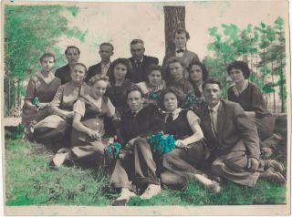 1950s Group Of People In Forest Pretty Women Men Hand Tinted Old Russian Photo
