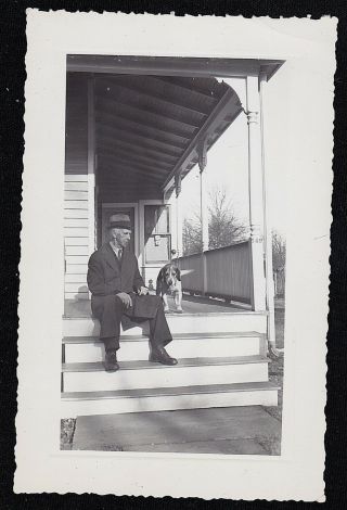 Antique Vintage Photograph Man Sitting On Porch With Adorable Puppy Dog