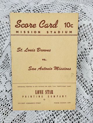 Rare 1951 Score Card St Louis Browns Vs San Antonio Missions Stadium Htf⚾️