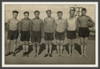 1950 School Sports Team Volleyball Handsome Men Guys Barefoot Ussr Vintage Photo