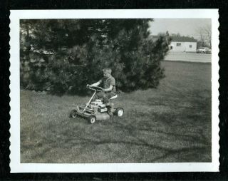 Vintage Polaroid Photo Young Boy Rides On Small Riding Lawnmower 1960 