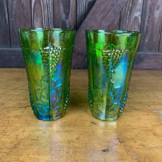 Rare Indiana Carnival Glass Lime Green Tumblers Harvest Grape Leaf Set Of 2