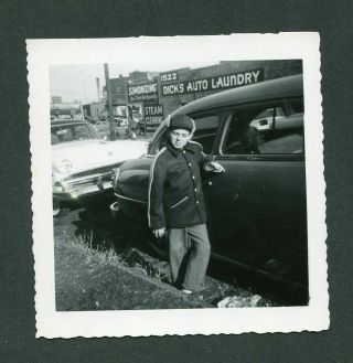 Vintage Photo Boy W/ Cars At Curb Simonizing Dick 