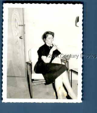 Found B&w Polaroid K,  5546 Pretty Woman In Dress Sitting In Chair,  Legs Crossed