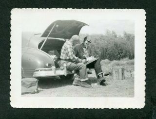 Vintage Photo Men Plot Fishing Trip In Big Trunk 1946 Pontiac Torpedo Car 396063