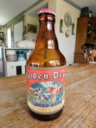 Rare Vintage Irtp Old Stubby Beer Bottle - Golden Drops Two Rivers Wi Paper Label