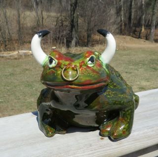 Vintage Arnels Ceramic Frog Toad Planter Garden One Of A Kind Rare Bull Horns