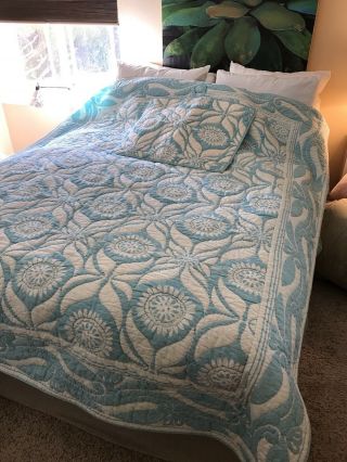 Pottery Barn Coverlet Twin Turquoise And White Reversible Hawaiian Tropical Rare
