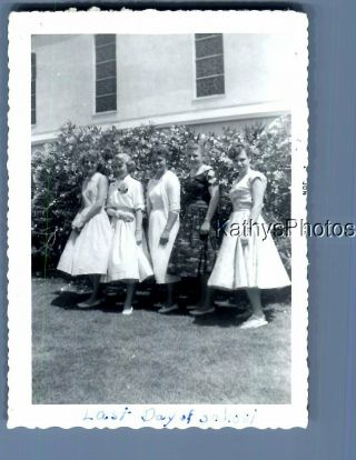 Black & White Photo J_8895 Pretty Women In Dresses Posed Outside House