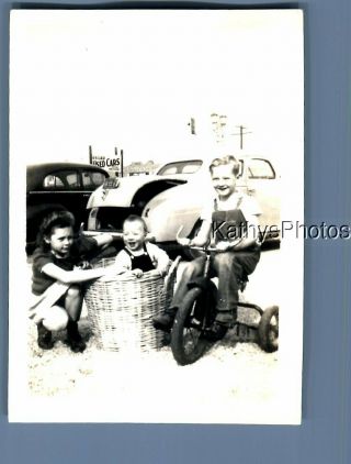 Found B&w Photo F,  4391 Boy Sitting On Tricycle,  Boy In Basket,  Girl In Dress