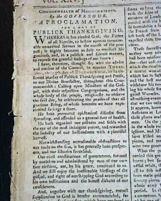 Rare 18th Century American 1796 Massachusetts W/ Samuel Adams Procl.  Newspaper