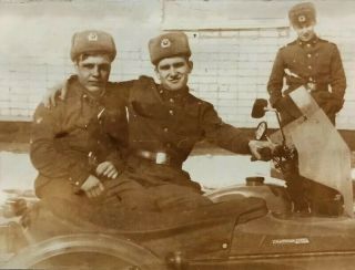 Vtg Photo Affectionate Couple Handsome Guys Men Soldiers Hug Motorcycle Gay Int