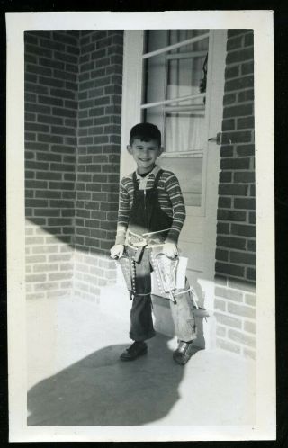 Vintage Photo Little Boy Wears Cowboy Holster Two Guns Overalls Americana