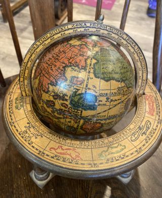 Olde World Globe Celestial Wood Zodiac Stand Music Box Switzerland & Italy Rare