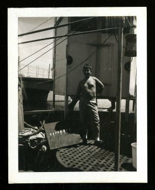 Vintage Polaroid Photo Young Boy Shows Off Small Fish Catch Board Ship 1960 