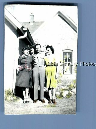 Found B&w Photo K,  5821 Hand Colored Pretty Women In Dresses Posed With Soldier