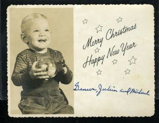Vintage Merry Christmas Photo Greeting Card Smiling Little Boy