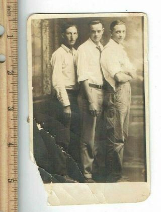 Vintage Photo Black & White 3 Young Men Standing Post Card Old