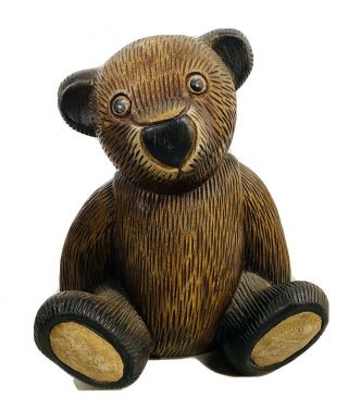 Vintage Hand Carved Wood Teddy Bear Folk Art Hand Painted Decorated Rare 11 "
