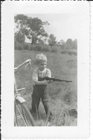 1461p Vintage Photo Cute Little Boy Playing Outside Cops Robbers Cowboys Army