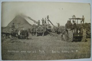 Powers Lake Nd; Busy Threshing With Oil Pull Tractor Old 1910s Rppc Postcard