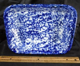 Rare Antique Blue & White Spongeware Stoneware Rectangular Bowl Casserole Dish