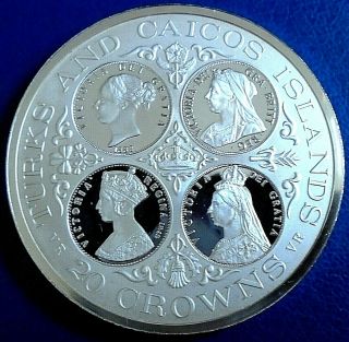 Turks & Caicos 1977 20 Crowns 4 Qvic Busts,  Rare.  925 Silver Proof Cap Top Grade