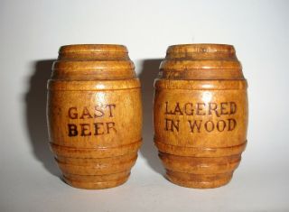 Rare Vintage Adv " Gast Beer Lagered In Wood " Barrel Salt & Pepper Shakers