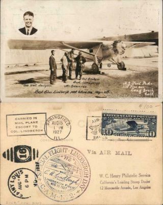 Aviator 1927 Rppc Charles Lindbergh And Team Postal History Real Photo Post Card