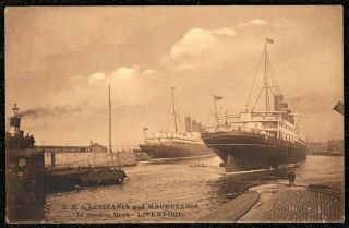 1910 Rms Lusitania & Mauretania Ships In Sandon Dock Liverpool Postcard Cunard