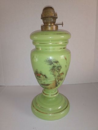 Rare Antique Vintage Jadite? Hand Painted Oil Kerosene Lamp Unstamped Glass