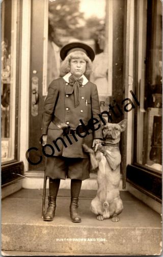 Rp Rare Buster Brown Shoe Advertising Child W/ Dog Tige Rppc Real Photo Vt B636