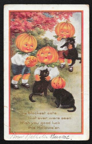 1917 Embossed Halloween Postcard Whitney Children Pumpkin Heads Black Cats