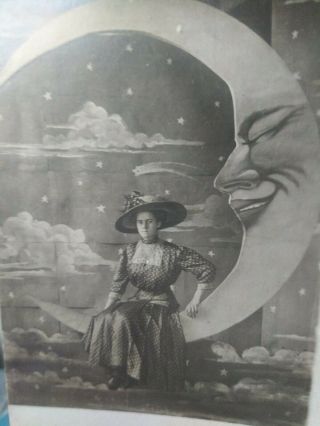 Rppc - Early 1900s Prop Paper Moon With Fantastic Face - Well Dressed Woman