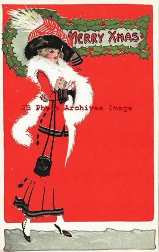 6 Postcards,  Christmas,  Gibson Art Co,  Fade Away,  Woman Shopping,  Santa