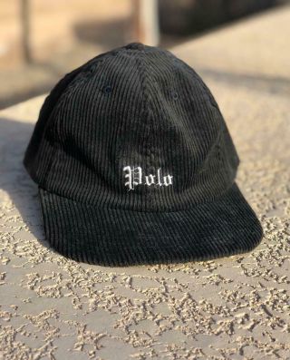 Rare Vtg 90s Black Polo Ralph Lauren Corduroy Leather Strap Back Spellout Hat