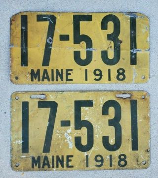 1918 Maine License Plate Matched Pair 17 531 17531 Rare