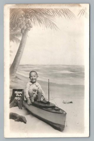 Model Toy Boat Boy Miami Beach Rppc Studio Photo Rare Antique Laughing 1921