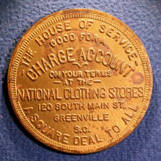 Rare South Carolina Token - National Clothing Store,  $1,  Greenville,  S.  C.