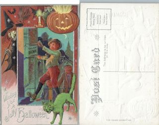 Antique Halloween Postcard - Witch W/ Broom Green Cat Jack - O - Lantern