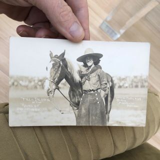 Rare 1912 Rppc Photo Postcard Rodeo Western Cowgirl Tillie Baldwin At Pendleton
