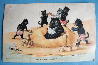 Early Wrench Postcard Louis Wain Black Cats On The Sands - " Let Us Bury Daddy "