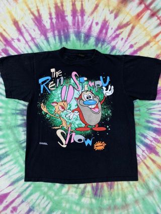 Rare 1991 The Ren And Stimpy Show Nickelodeon Promo T Shirt Black Size L 90s