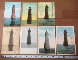 7 Antique Postcards Minot’s Ledge Light Boston Harbor Massachusetts