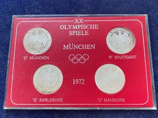 Germany Set Of 4 X 10 Marks 1972 Olympic Games,  Rare Silver Proof Coins In Case