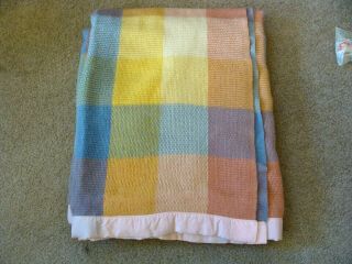Vintage Wool Blanket Rare Pastel Plaid Waffle Weave Cabin Cottage Twin 72 " X 88 "