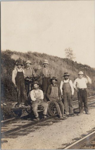 Railroad Workers Men Railway Car Handcar Men Unknown Location Rppc Postcard G93