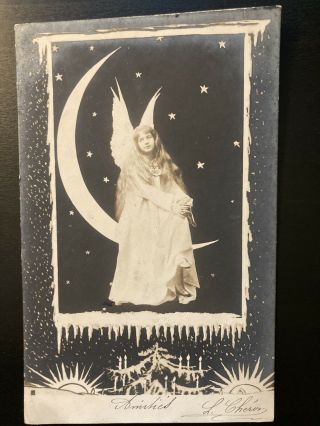 Antique 1900s French Rppc Angel On Paper Moon Winter Scene