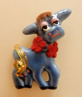 Rare Vintage Elzac Blue Cow Brooch With Hair And Flowers Lucite Tail No Pinback